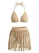 Ensemble Bikini Halter Franges Patchwork Kaki Années 1970 2