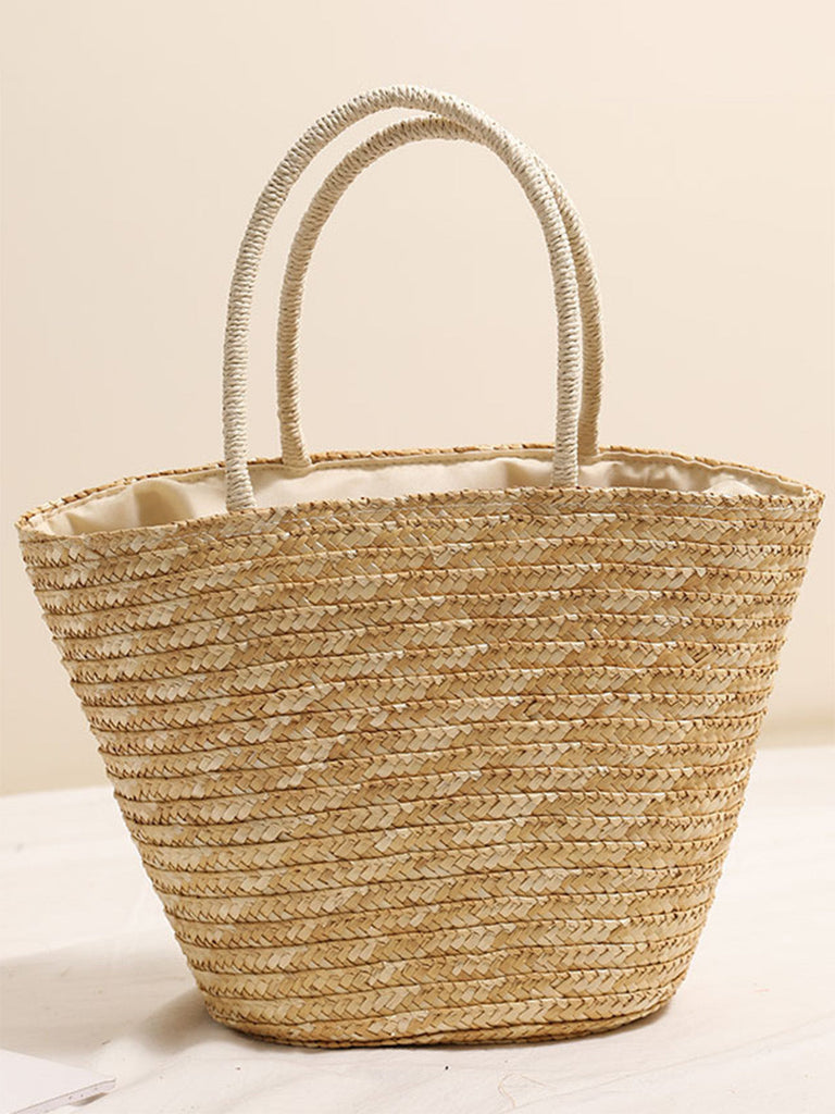 Grand Sac de Plage en Paille Brodé Palmier Cocotier Kaki 3
