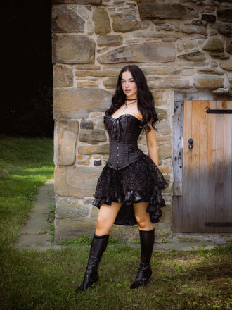 2PCS Corset Dentelle Hors Épaule et Jupe Plissée Ourlet Haut et Bas Steampunk