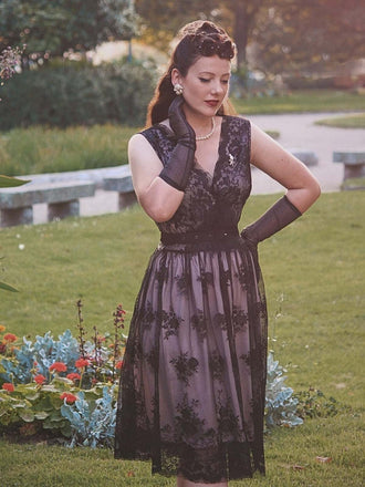 Robe Swing Vintage Année 50 Florale Noire Dentelle Soirée Cocktail Pin Up