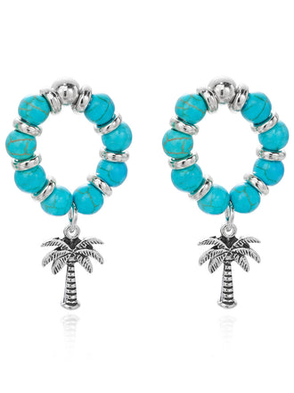 Vintage Perlé Palmier Arbre Boucles d'Oreilles Bleu Lac