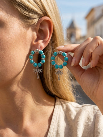 Vintage Perlé Palmier Arbre Boucles d'Oreilles Bleu Lac 2