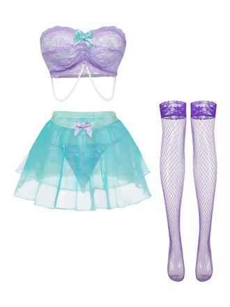 Féerique Dentelle Résille Nœud Lingerie Ensemble Lavande Années 1980 2