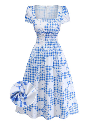 [Prévente] Robe Midi Smockée Col Carré à Carreaux Fleuris Bleue Années 1940