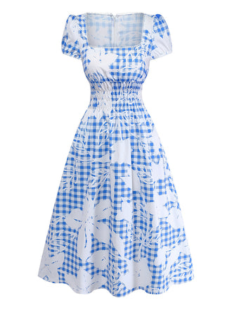 [Prévente] Robe Midi Smockée Col Carré à Carreaux Fleuris Bleue Années 1940 2