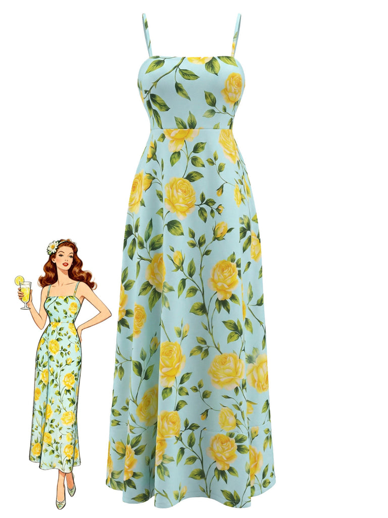 Robe Midi à Bretelles Fines Rose Jaune Floral Bleu Clair Années 40