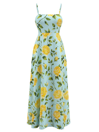 Robe Midi à Bretelles Fines Rose Jaune Floral Bleu Clair Années 40