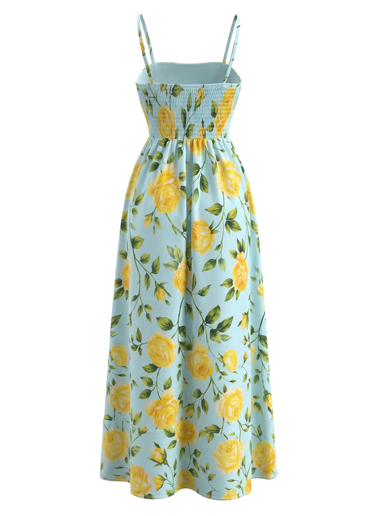 Robe Midi à Bretelles Fines Rose Jaune Floral Bleu Clair Années 40