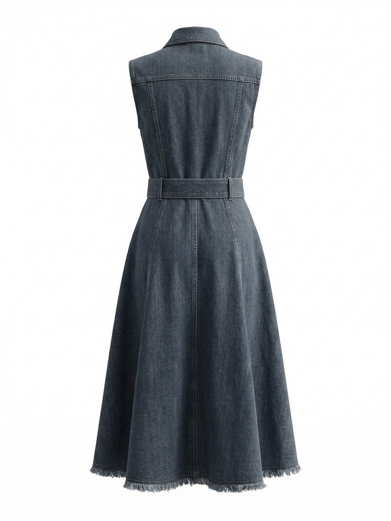 Clair Bleu Sans Manches Ourlet Asymétrique Denim Robe Années 1950 3