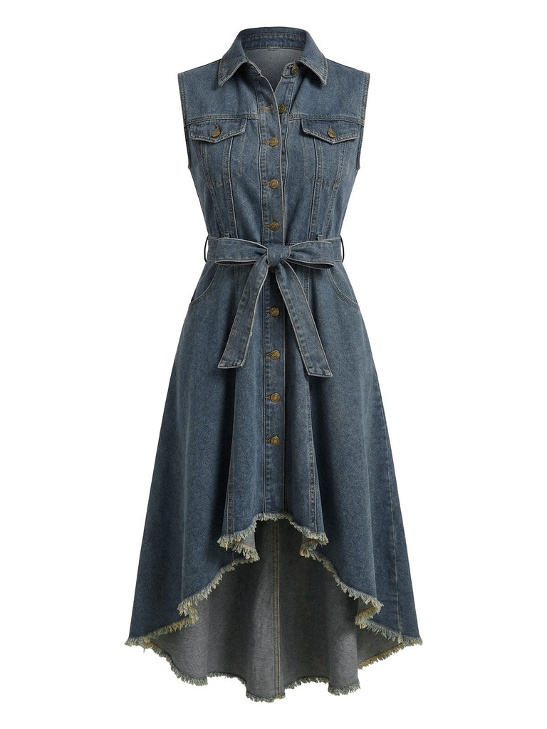 Clair Bleu Sans Manches Ourlet Asymétrique Denim Robe Années 1950