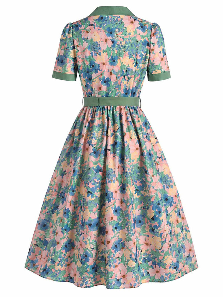 [Prévente] Robe Col Cranté Floral Bleu Clair Années 50