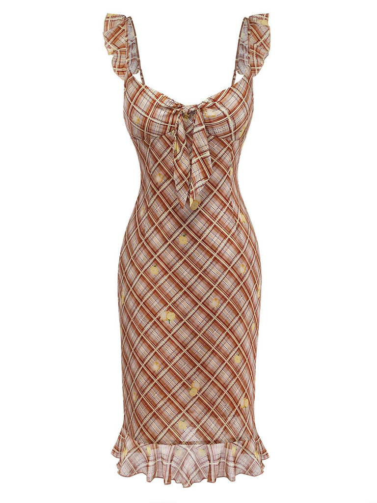 [Prévente] Clair Marron Volant à Carreaux Citron Pencil Robe Années 1960 2
