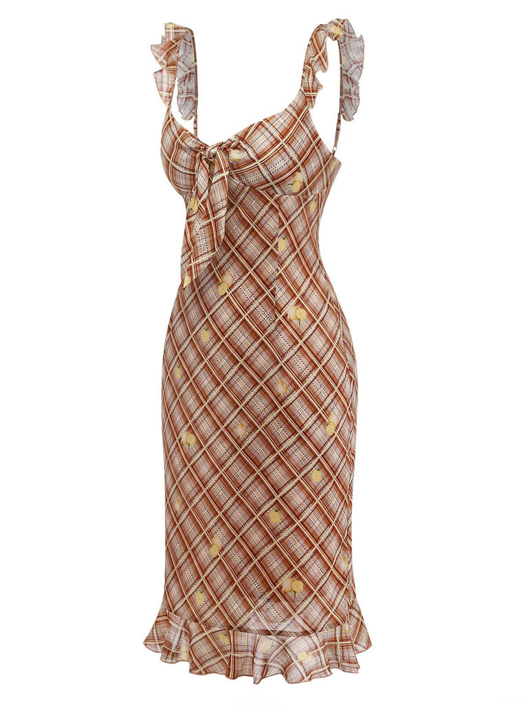 [Prévente] Clair Marron Volant à Carreaux Citron Pencil Robe Années 1960 3