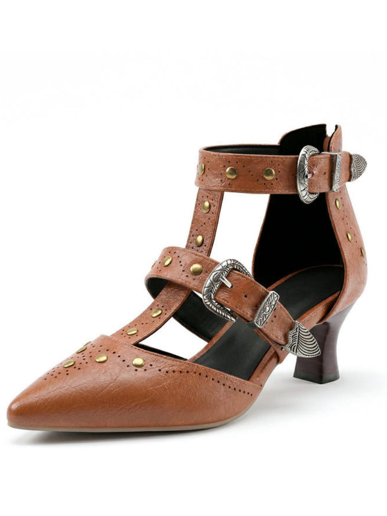 Brown leather shoe with metal straps and buckles on a white background