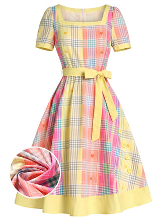 [Prévente] Robe Col Carré à Carreaux avec Cœur Jaune Clair Années 50