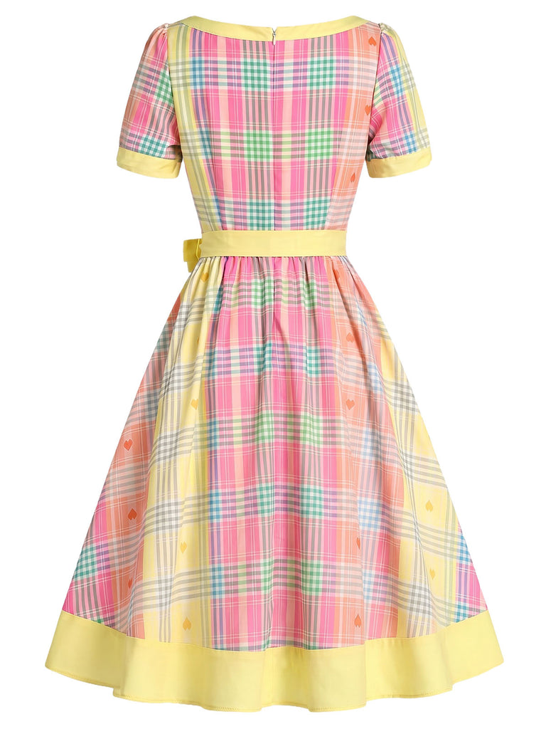 [Prévente] Robe Col Carré à Carreaux avec Cœur Jaune Clair Années 50