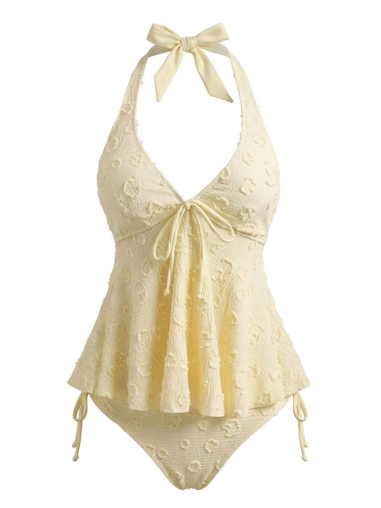Texturé Floral Halter Profond V Ensemble Tankini Années 1950 2