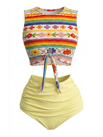 Ensemble Bikini Faux Tricot Floral Arc-en-Ciel Jaune Clair Années 1960
