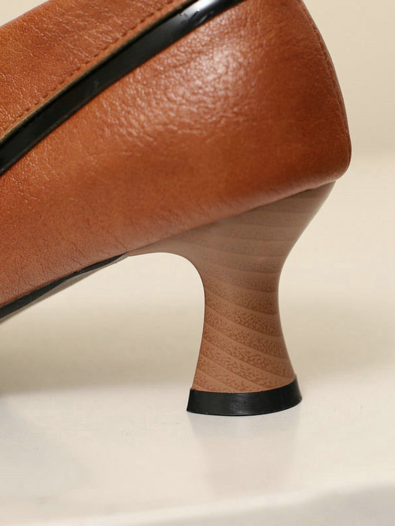 Chaussures rétro à nœud en PU, bout rond et talon compensé