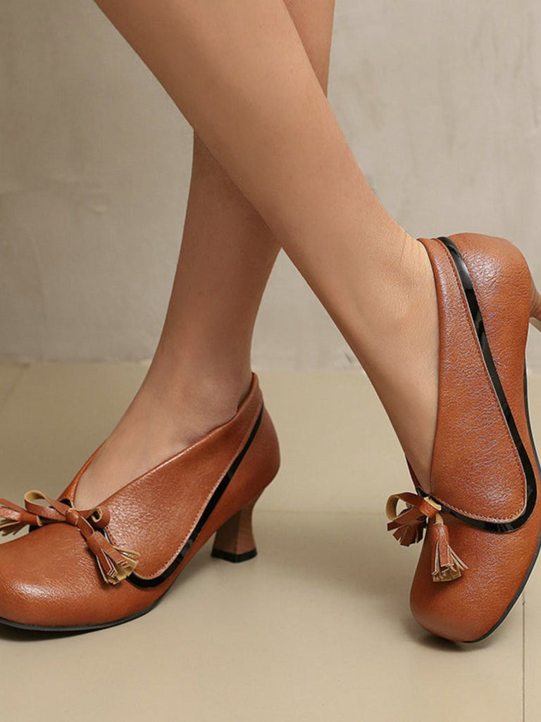 Chaussures rétro à nœud en PU, bout rond et talon compensé