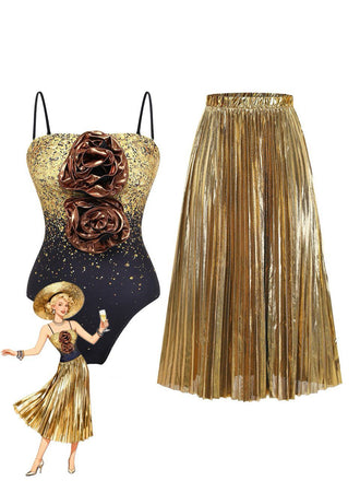 Body à sequins dorés avec détails floraux et jupe plissée dorée sur fond blanc