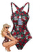 Maillot de bain dos nu noir à motif squelette rose des années 1950, une beauté intemporelle, parfait pour les passionnées de mode vintage.