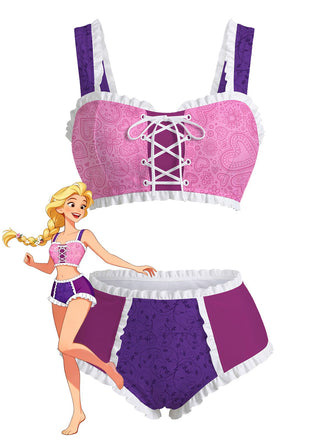 Ensemble de lingerie violet et rose avec un personnage de dessin animé sur fond blanc