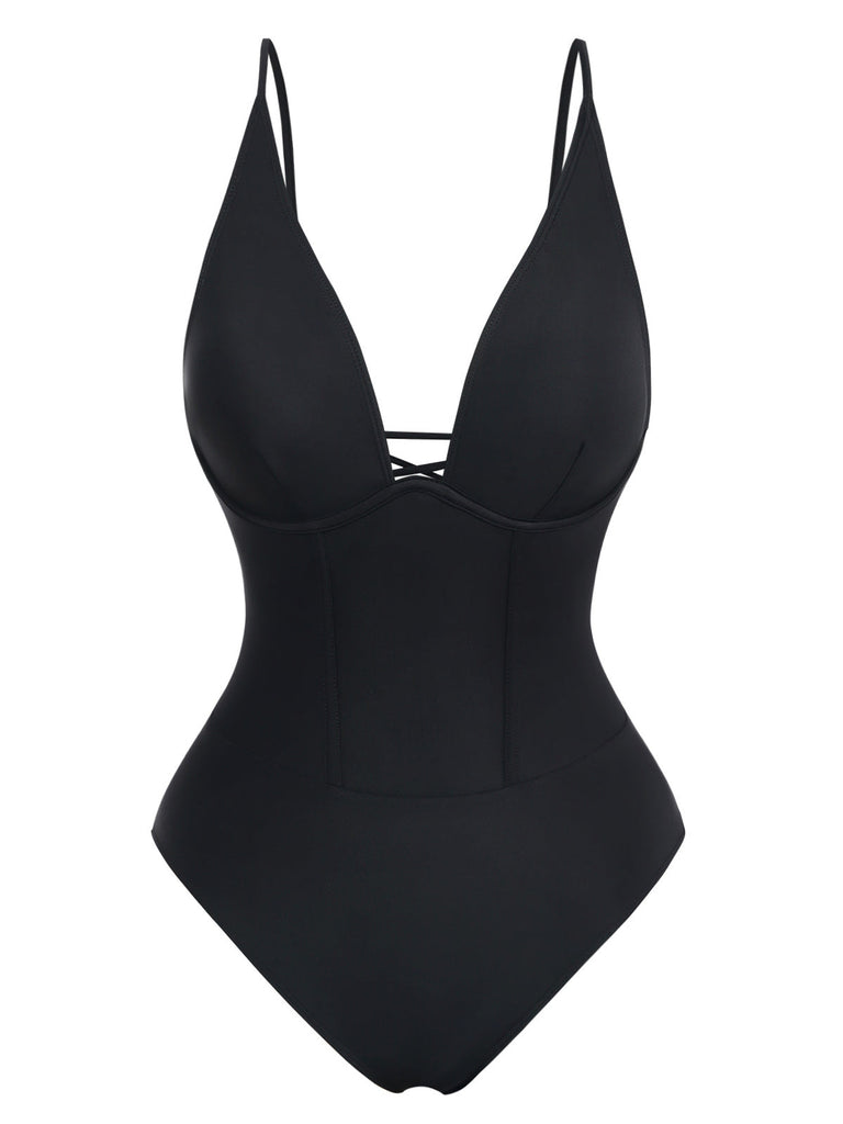 Maillot de bain une pièce noir gainant à décolleté plongeant en V, style pin-up, années 1950 - noir classique