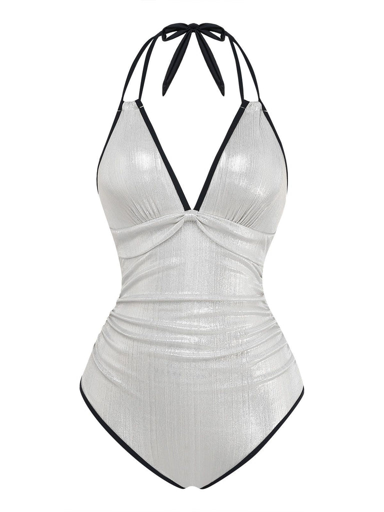 Maillot de bain une pièce licou fines bretelles métallisé