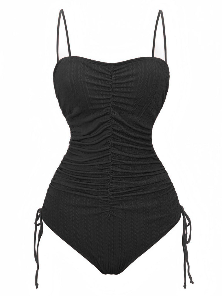 Maillot de bain une pièce noire ruché bretelles 1940s