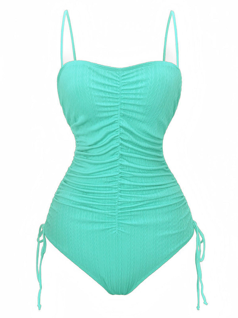 Maillot de bain une pièce verte ruché bretelles 1940s