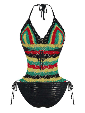 Maillot de Bain Une Pièce Crochet Halter Color Block Multicolore Années 1960 2