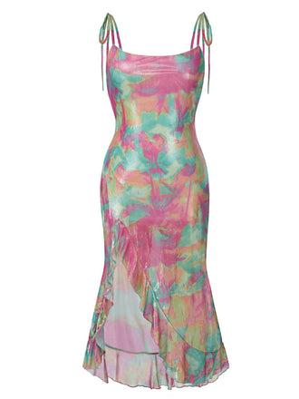 Multicolored dress with thin straps on a white background