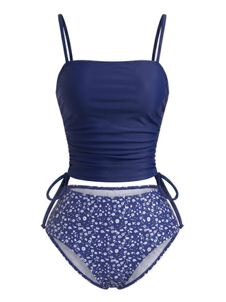 Ensemble Tankini Floral Cordon de Serrage Bleu Marine Années 1950 2