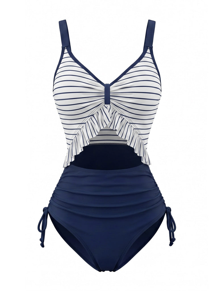 Nautique Rayée à Volants Cordon Une Pièce Maillot de Bain Bleu marine Années 1980