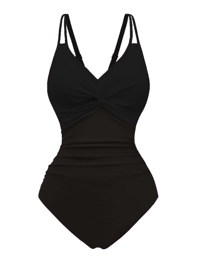 Maillot de bain une pièce noir à col en V sur fond blanc