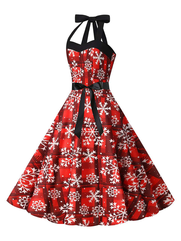 Robe évasée rouge à motif flocon de neige de Noël des années 1950