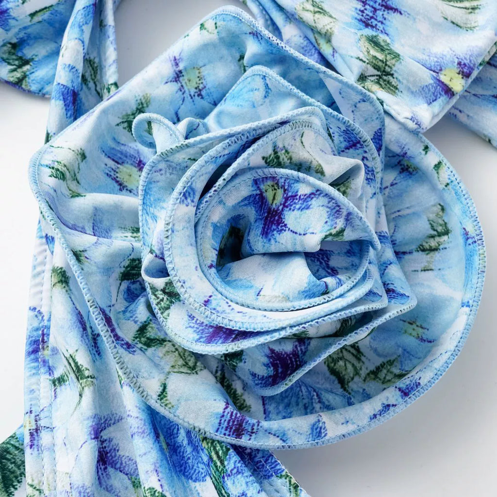 Maillot de bain dos nu creux bleu imprimé floral 3D roses années 1930