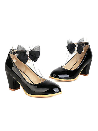 Escarpins à talons épais en cuir verni avec nœud Mary Jane