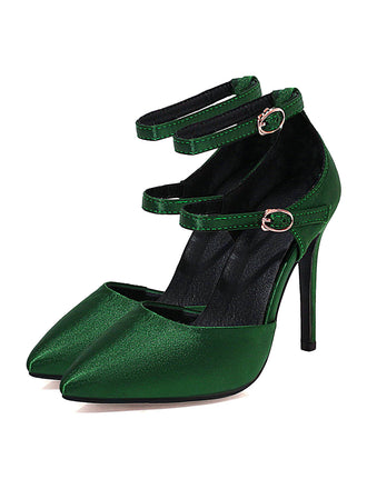 Chaussures à Talons Hauts Pointues en Satin Vert Foncé
