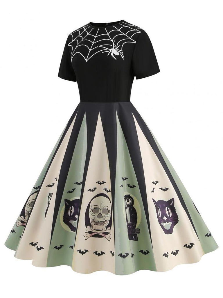 [Prévente] Robe patchwork imprimé toile d'araignée rouge pour Halloween des années 1950