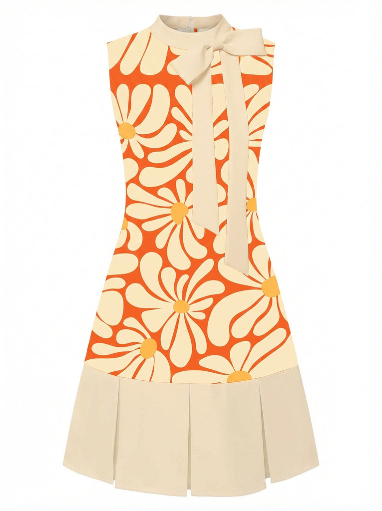 [Prévente] Robe Plissée Col Montant Floral Orange Années 60