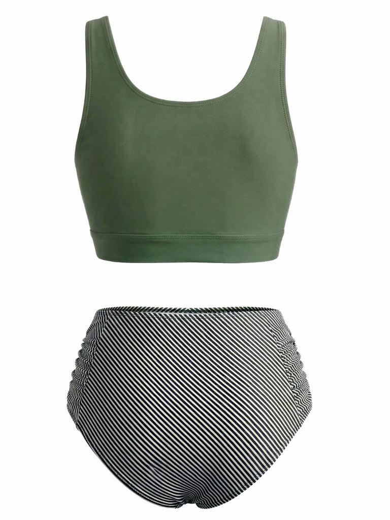 Olive Vert Nœud Devant Taille Haute Ensemble Tankini Années 1940 3