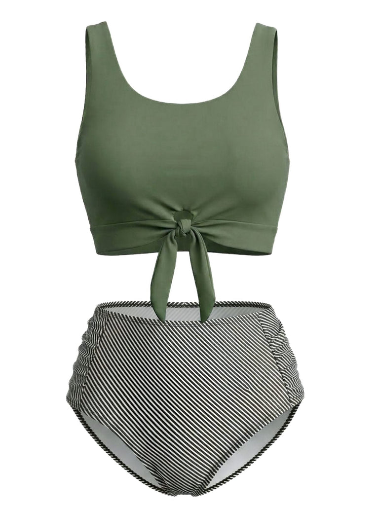 Olive Vert Nœud Devant Taille Haute Ensemble Tankini Années 1940 2