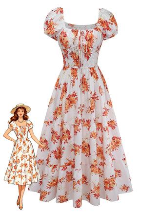 Robe à Manches Bouffantes Smockée Floral Orange Années 40