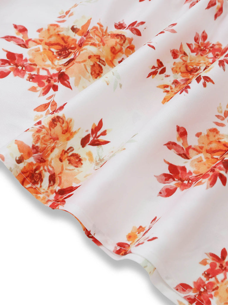 Robe à Manches Bouffantes Smockée Floral Orange Années 40
