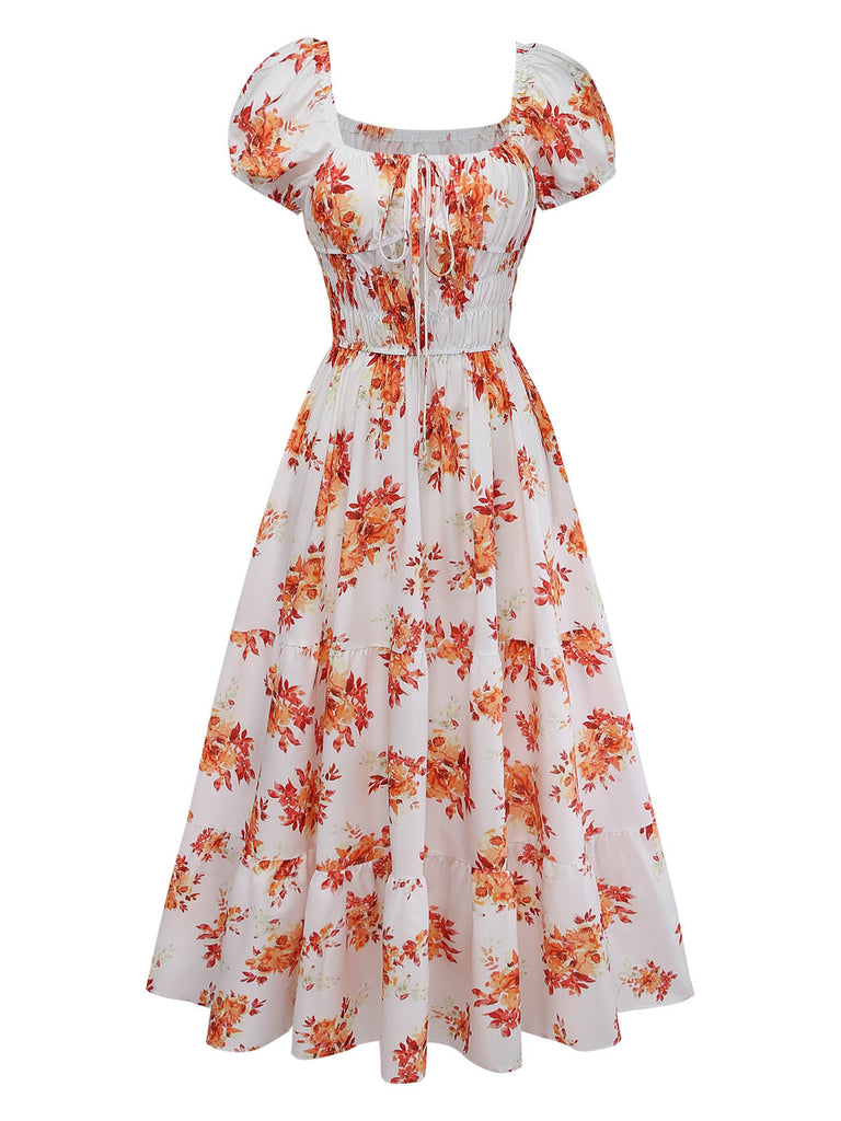 Robe à Manches Bouffantes Smockée Floral Orange Années 40