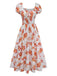 Robe à Manches Bouffantes Smockée Floral Orange Années 40