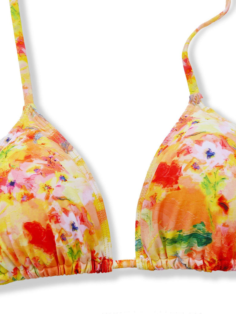 4PCS Orange Dos-Nu Florale Bikini & Résille Cache Maillot Ensemble Années 1960 4