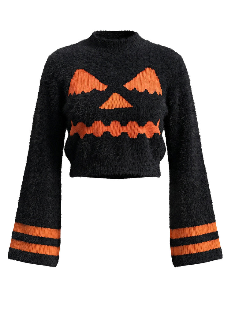 Pull court orange duveteux à visage de citrouille Halloween années 1970 - 1